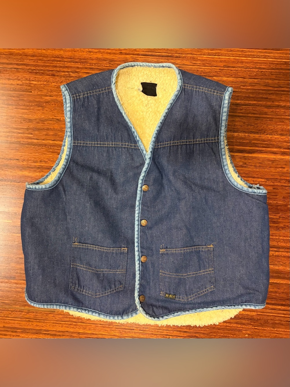 Vintage 70s Roebucks Denim Workwear Sherpa Snap front Vest Large